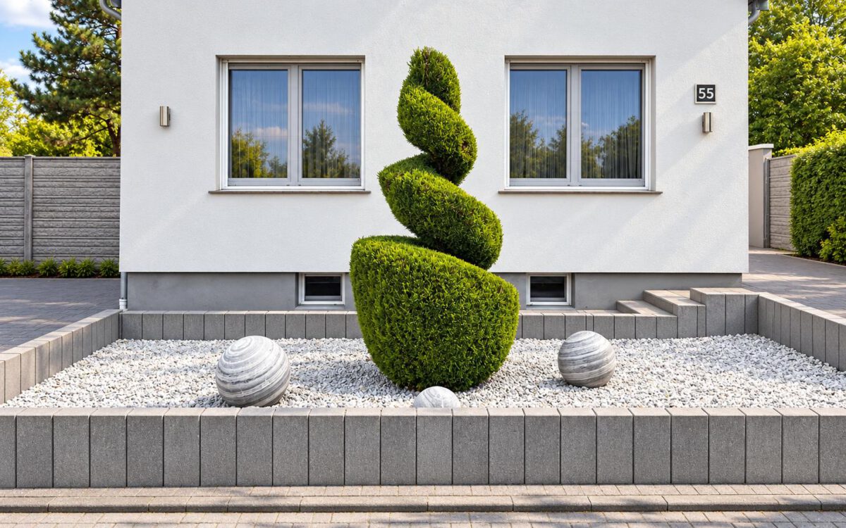 Repräsentativer Kiesvorgarten mit Formgehölz